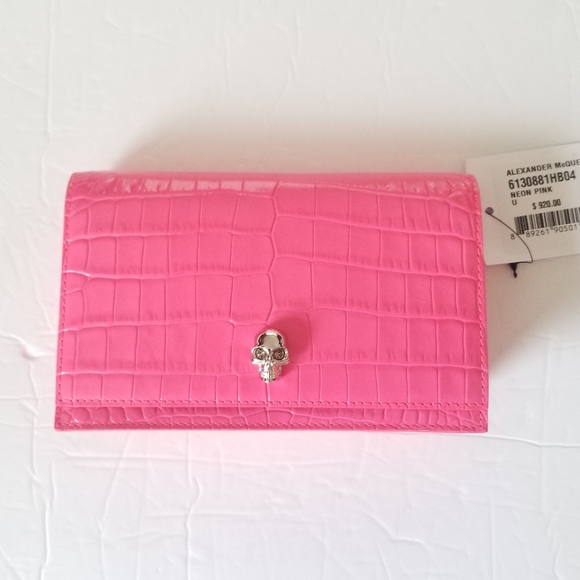 Alexander McQueen Skull Croc-Embossed Leather Chain Crossbody Neon Pink - Picture 9 of 12